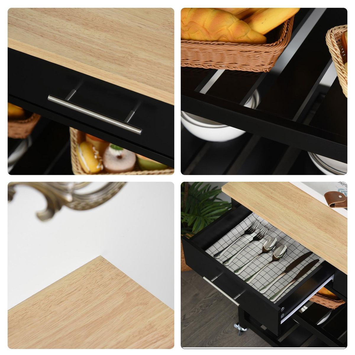 HOMCOM HOMCOM Chariot de service desserte de cuisine à roulettes 2 étagères 2 tiroirs noir bois naturel