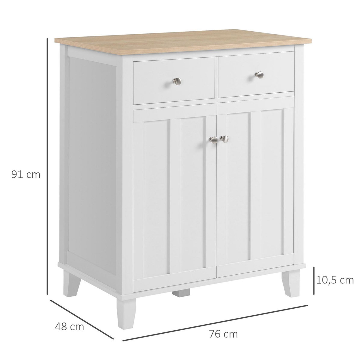 HOMCOM Buffet multi-rangement 2 portes avec étagère 2 tiroirs coulissants panneaux particules blanc aspect bois clair