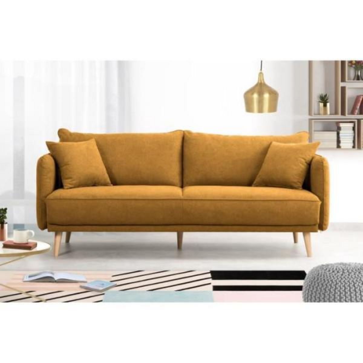 MARKET24 Canapé fixe 3 places DAREN - Tissu moutarde - L 207 x P 90 x H 88 cm - Fabriqué en France - HEXAGONE