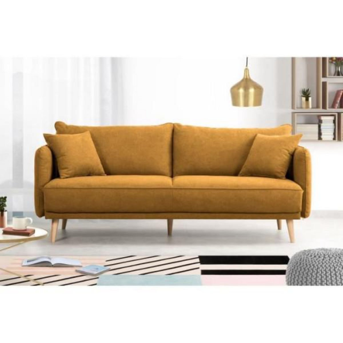 MARKET24 Canapé fixe 3 places DAREN - Tissu moutarde - L 207 x P 90 x H 88 cm - Fabriqué en France - HEXAGONE