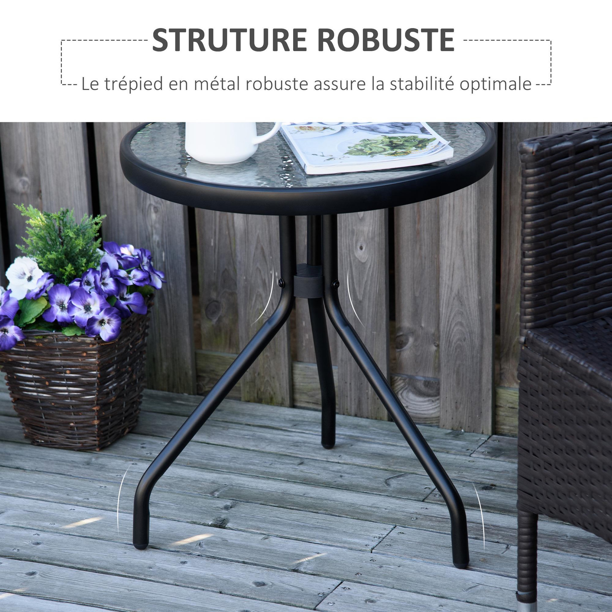 Voir la diapositive 5 : OUTSUNNY Table basse ronde bistro de jardin dim. Ø 50 x 55H cm piètement trépied métal époxy noir plateau verre trempé
