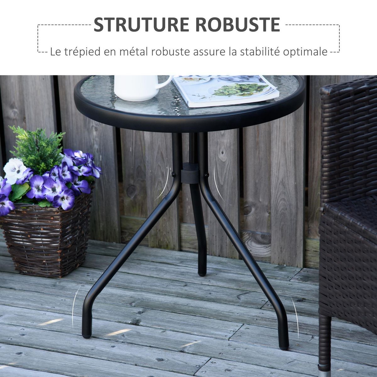 OUTSUNNY Table basse ronde bistro de jardin dim. Ø 50 x 55H cm piètement trépied métal époxy noir plateau verre trempé