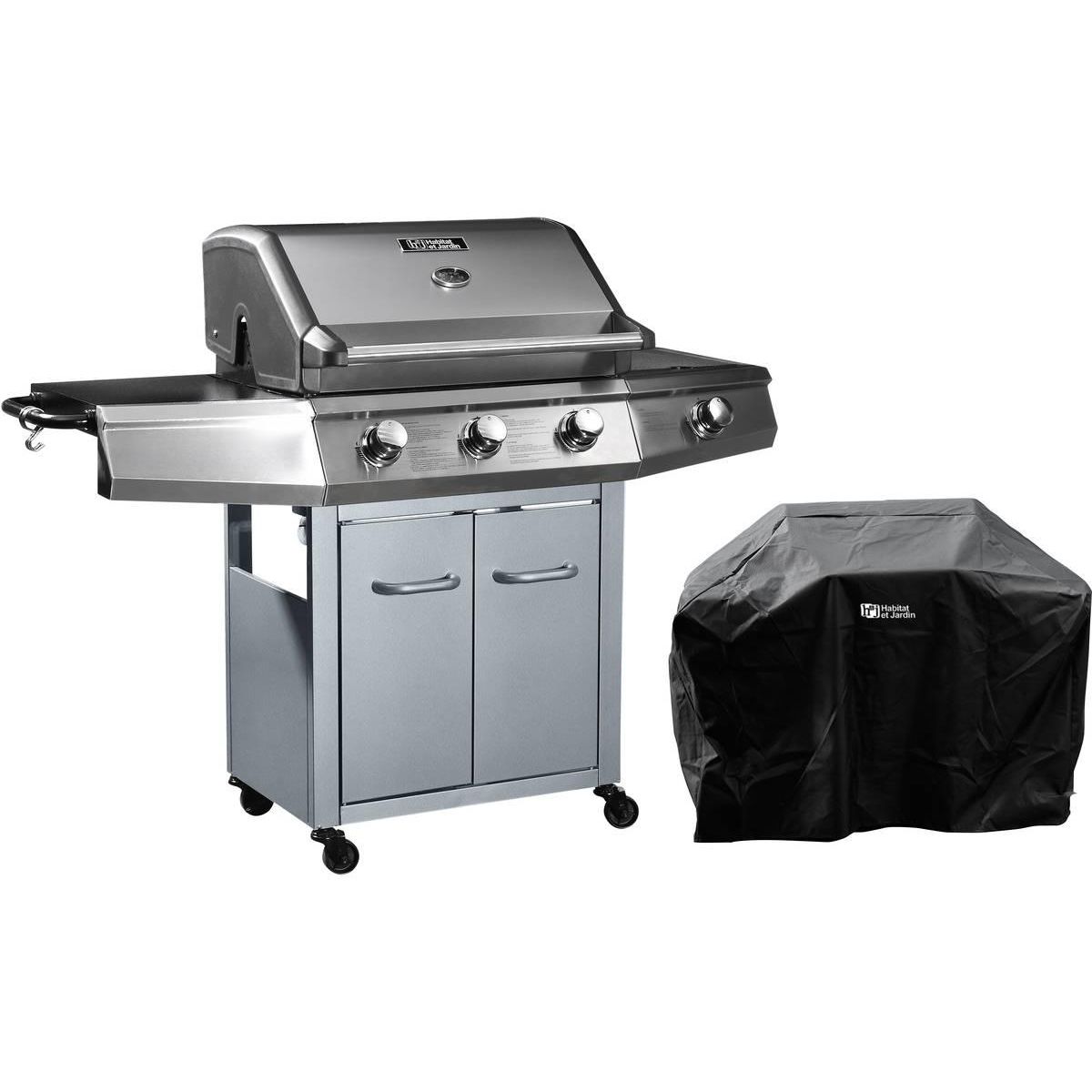 Habitat et Jardin Barbecue Gaz  Bingo 4  - 4 brûleurs dont 1 latéral - 14kW + Housse protection - Argenté