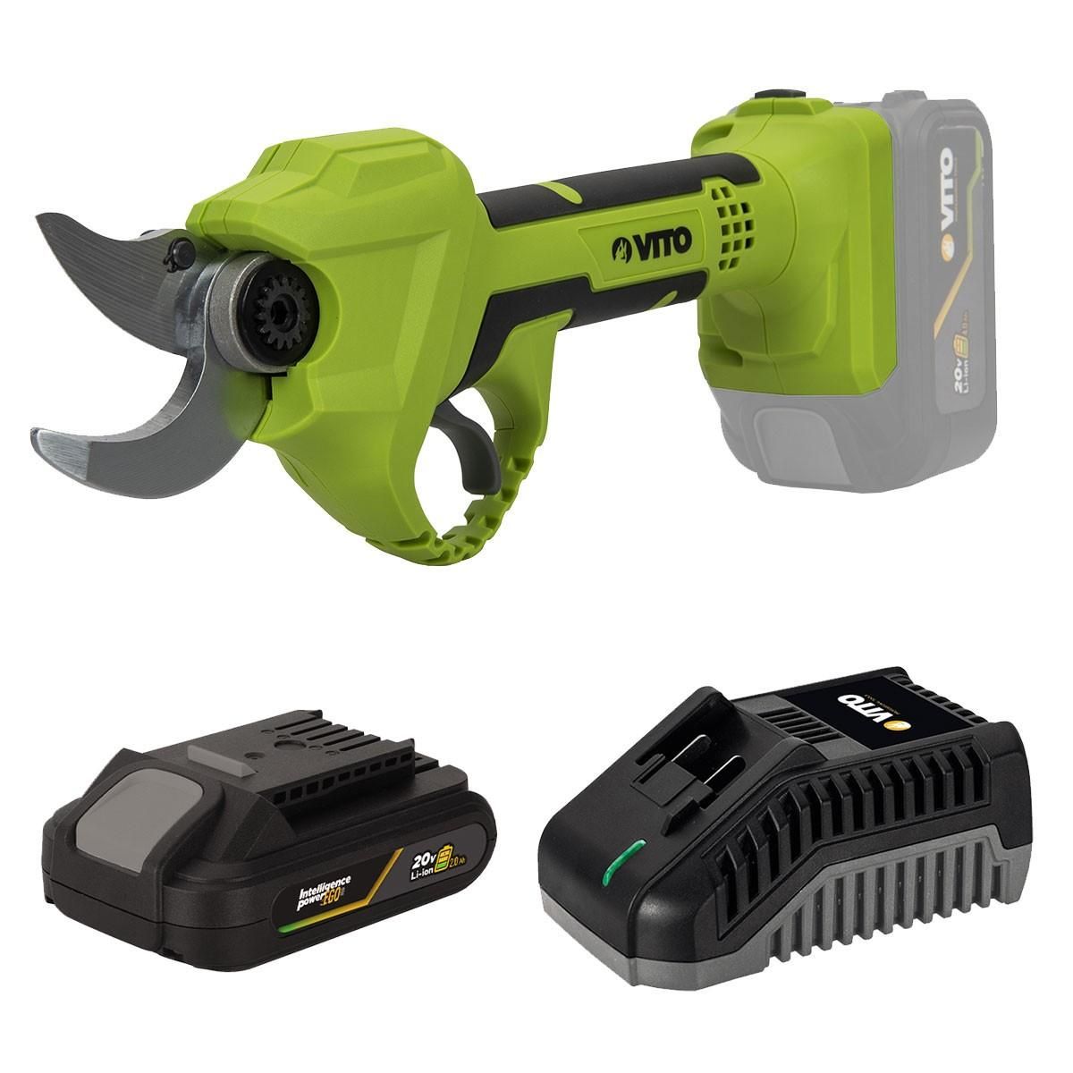 VITO Sécateur sans fil 20V + Batterie Lithium 2Ah Ø de coupe 30 mm Moteur Brushless Chargeur rapide VITO