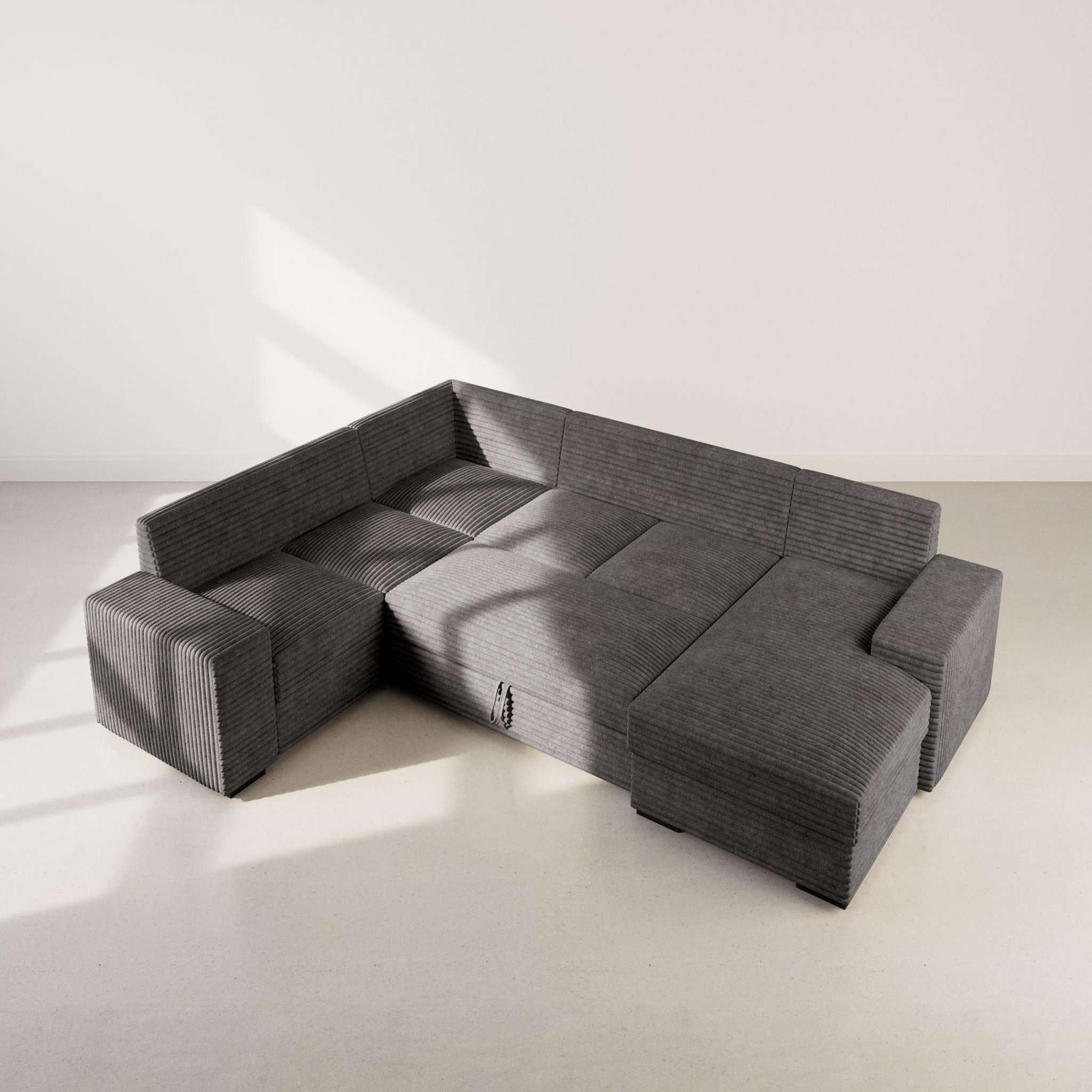 Voir la diapositive 5 : BEST MOBILIER Lorie - canapé panoramique d'angle gauche 7 places convertible en velours côtelé grosse côte avec coffre