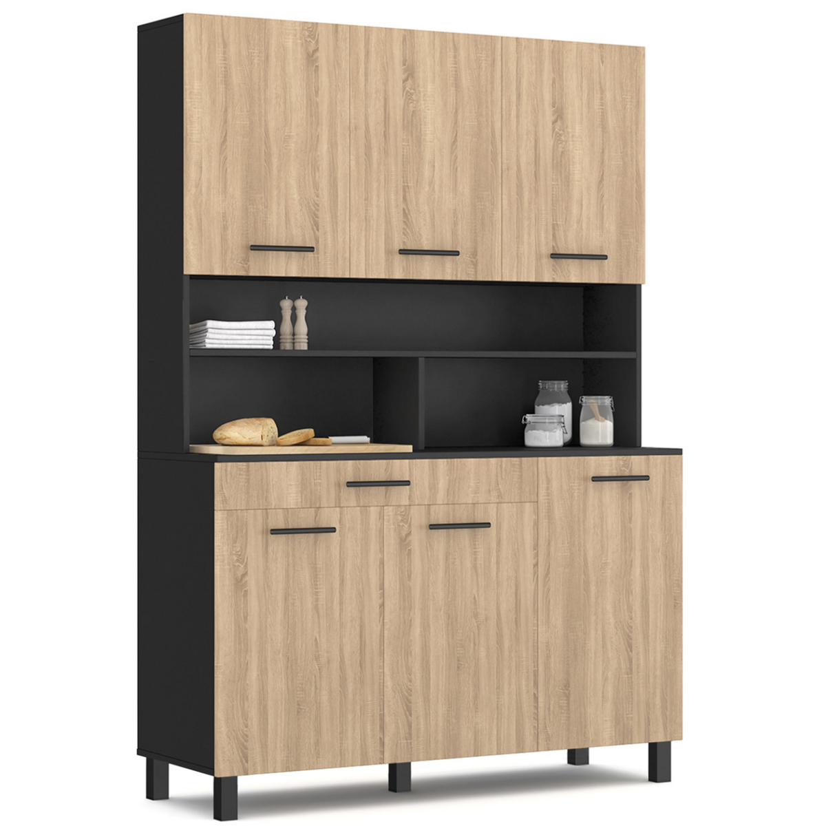ID MARKET Buffet de cuisine 120 CM CINA 6 portes + tiroir noir et façon hêtre