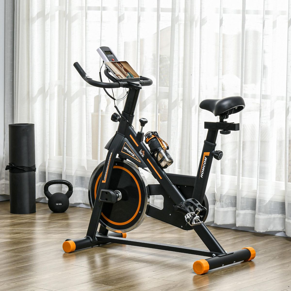 HOMCOM Vélo d'appartement réglable - vélo biking cardio - volant d'inertie 8 Kg, écran LCD, support Ipad, gourde - acier orange noir