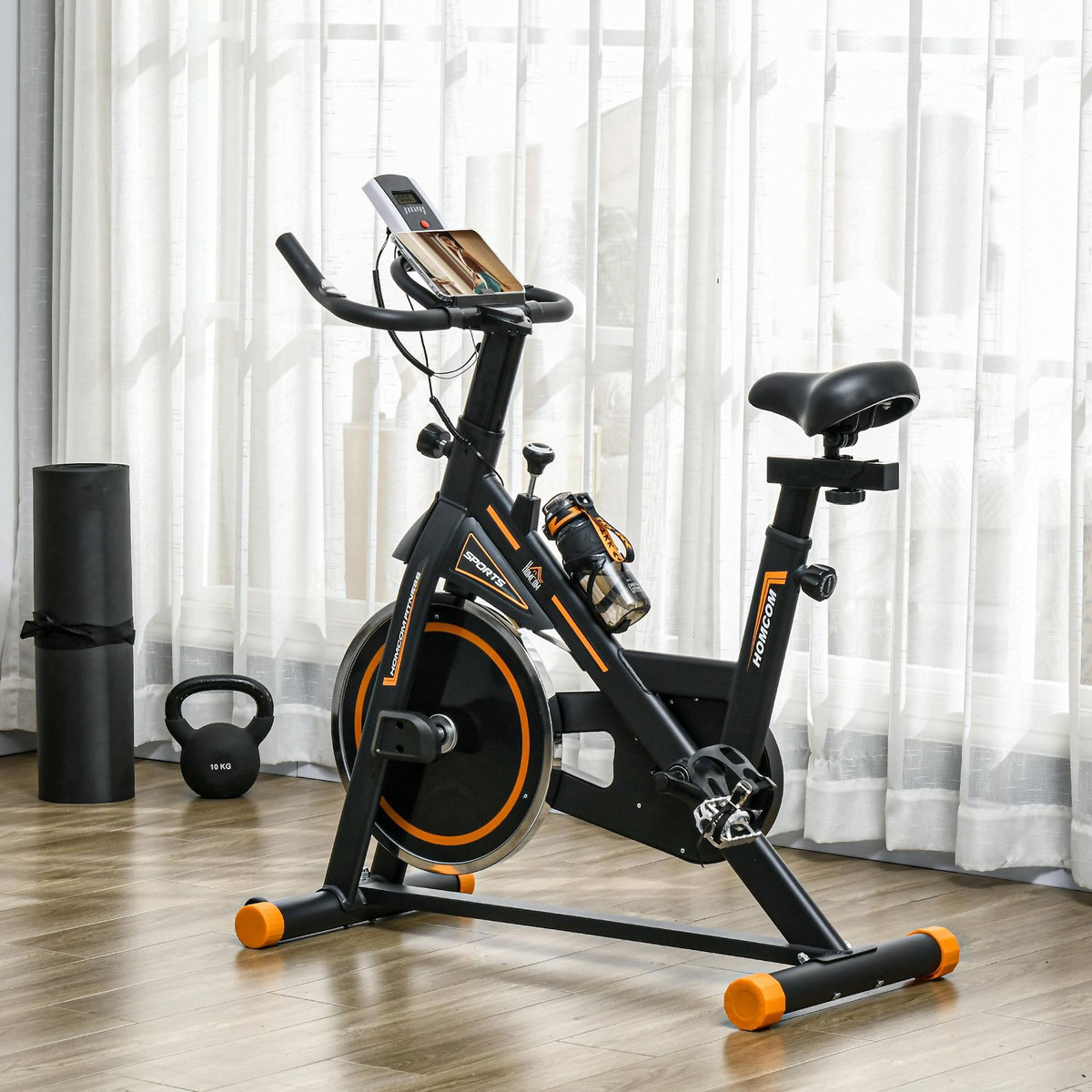 HOMCOM Vélo d'appartement réglable - vélo biking cardio - volant d'inertie 8 Kg, écran LCD, support Ipad, gourde - acier orange noir