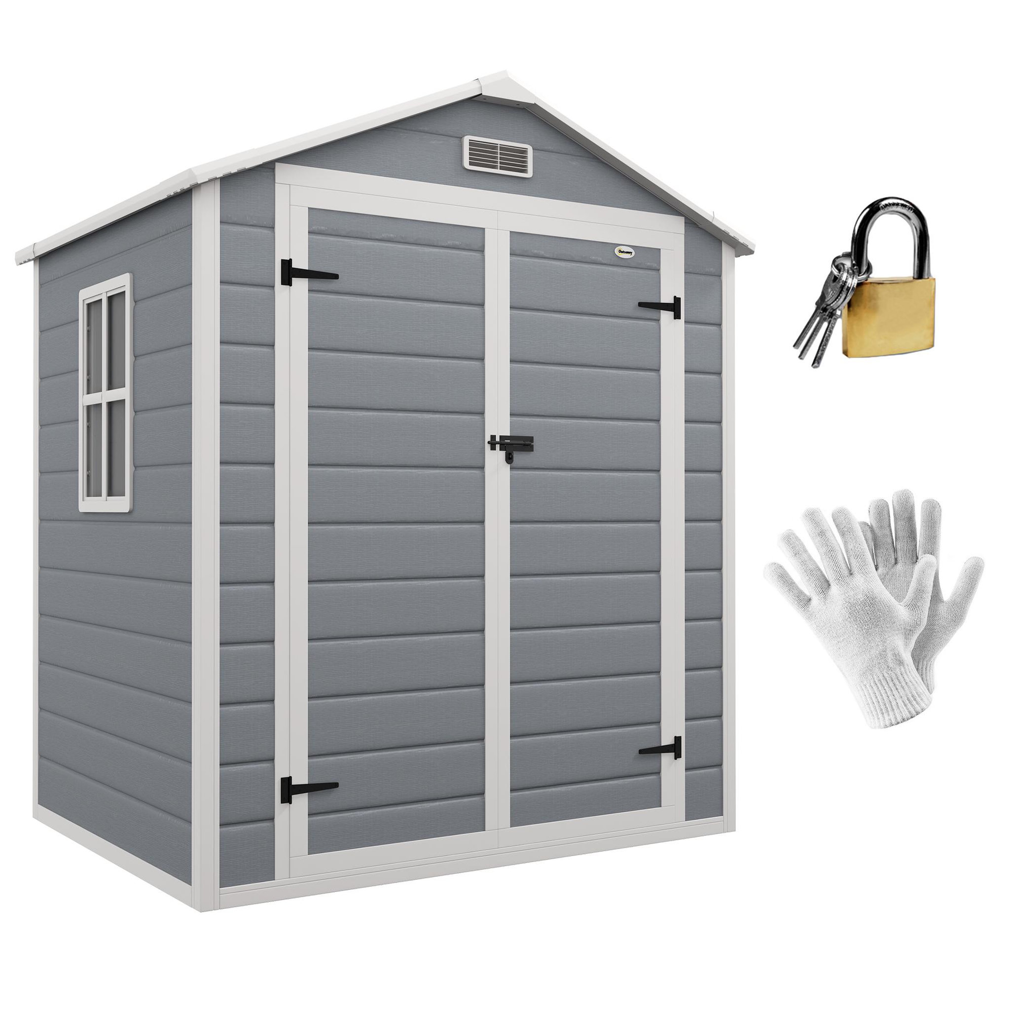 OUTSUNNY Abri de jardin cabanon 2,12 m² - 2 portes, fenêtre, aération, toit double pente - résine PP gris