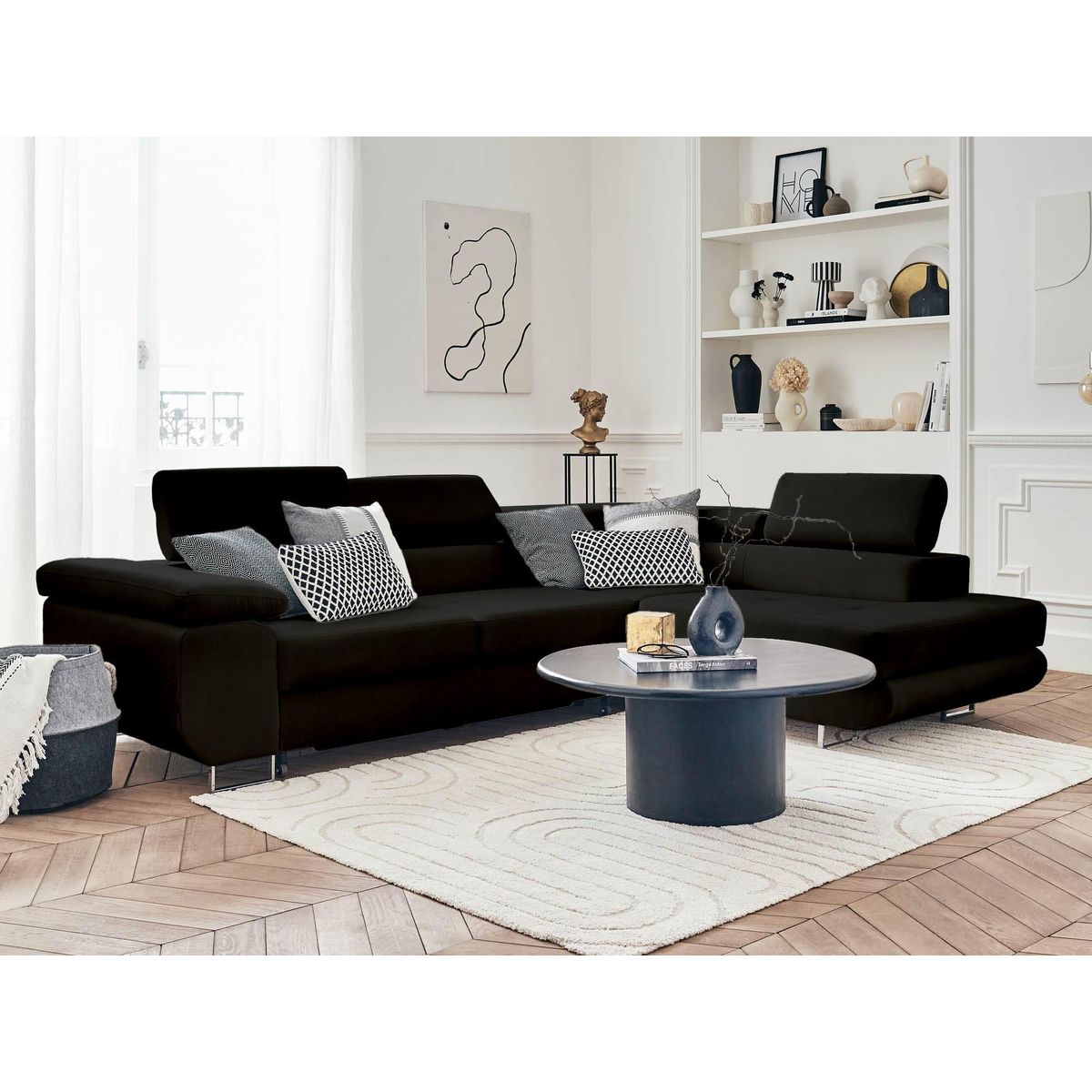 BEST MOBILIER Pablo - canapé d'angle droit - 5 places - convertible avec coffre et têtières réglables - en velours