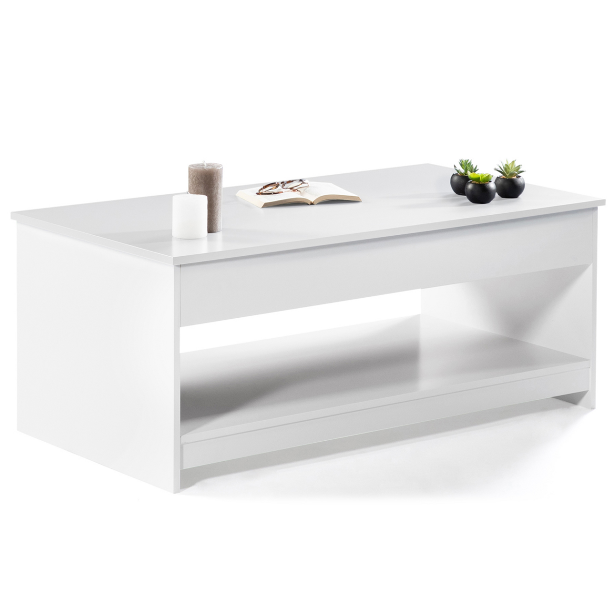 ID MARKET Table basse rectangulaire plateau relevable SOA bois blanc