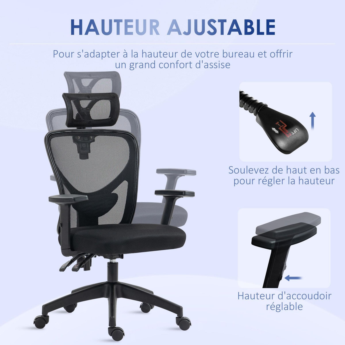 VINSETTO Fauteuil de bureau manager grand confort réglable dossier ergonomique inclinable pivotant tissu maille noir