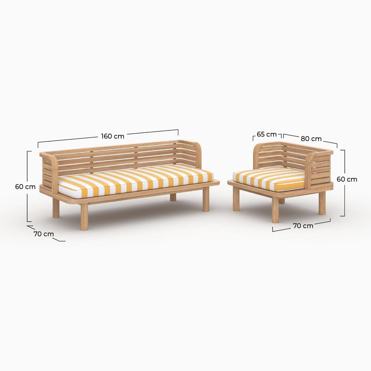 Rendez vous déco Canapé et fauteuil de jardin 3 places en teck massif, tissu rayé jaune-Kilda