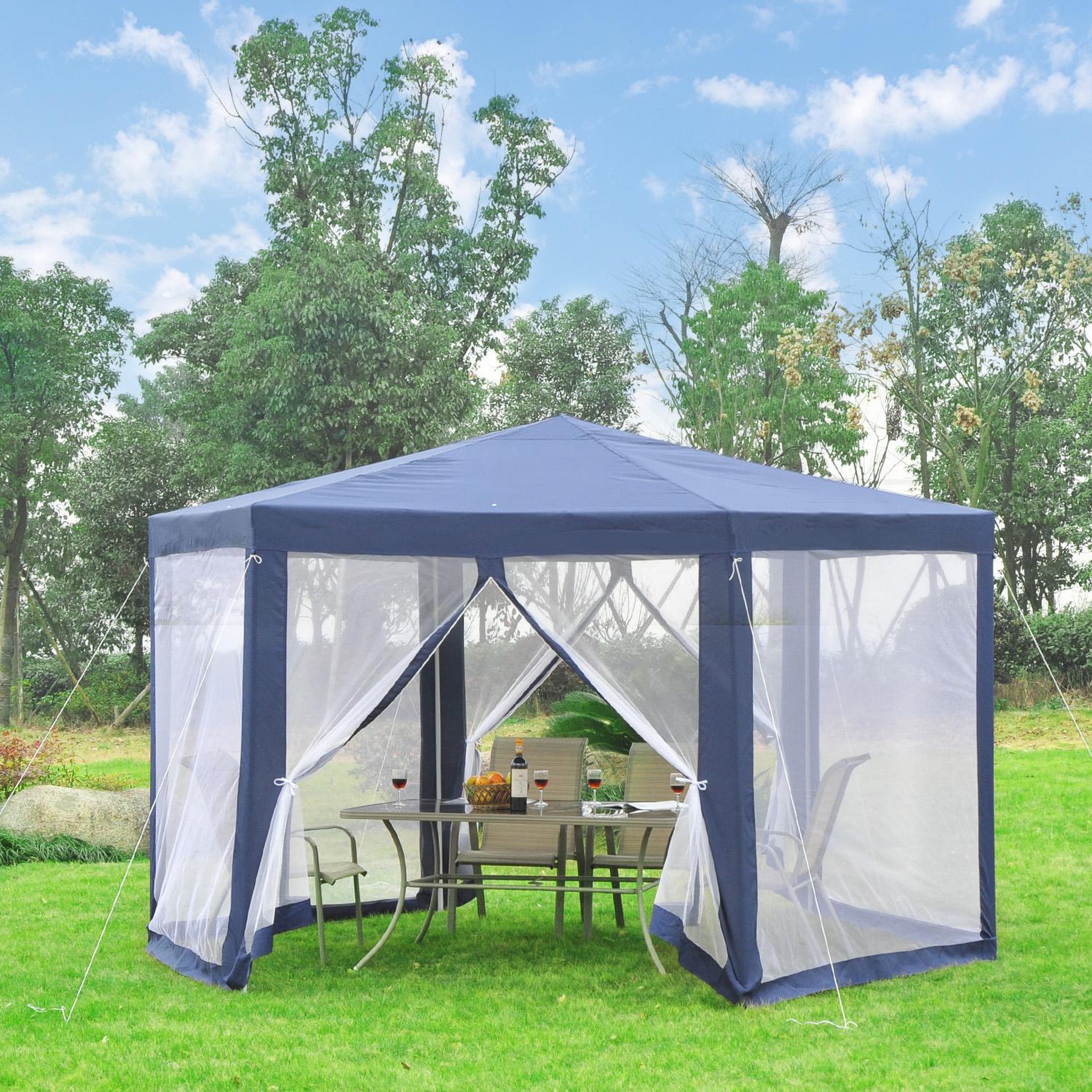 Voir la diapositive 2 : OUTSUNNY Tonnelle barnum tente de réception hexagonale 10 m² style cosy métal polyester imperméabilisé bleu blanc