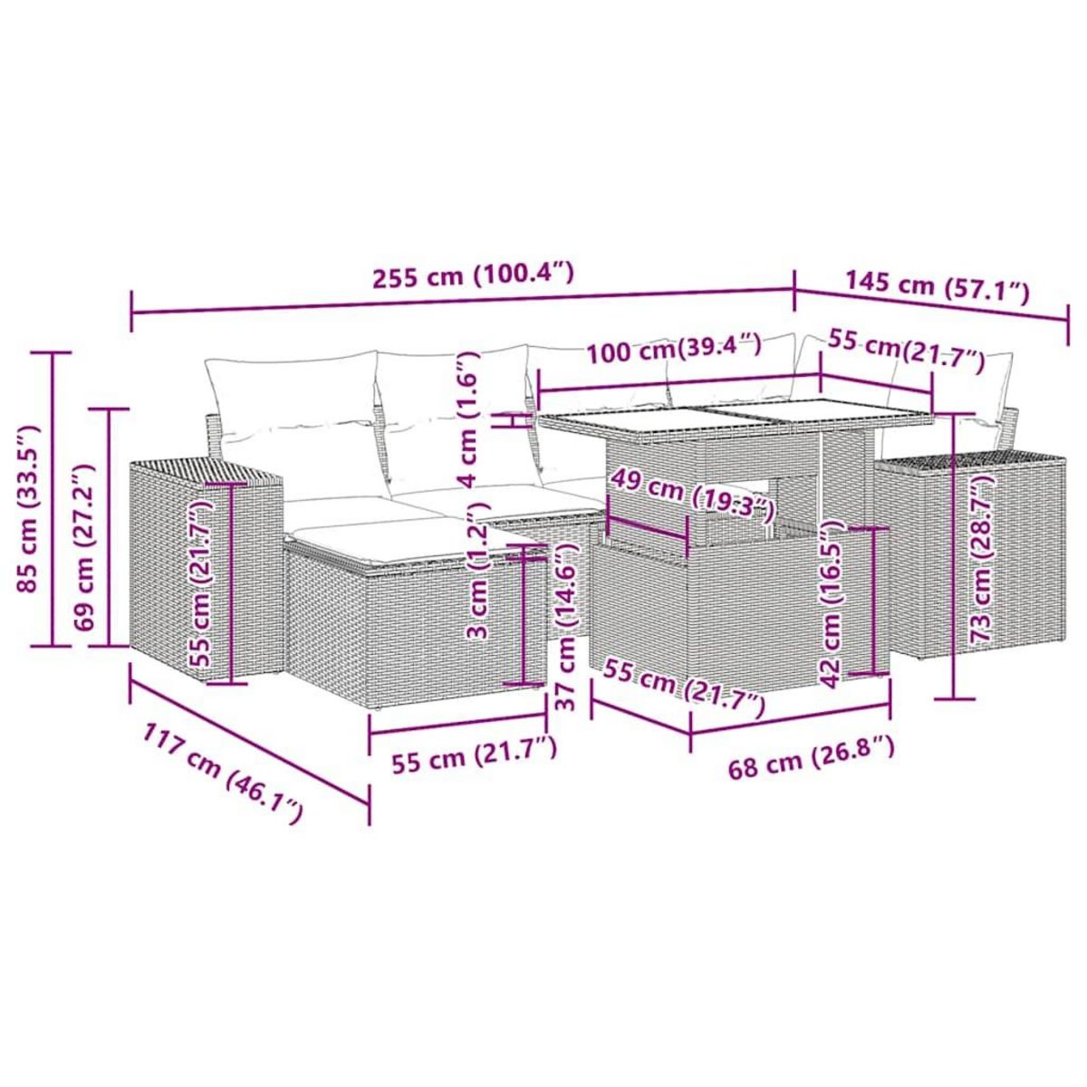 VIDAXL Salon de jardin avec coussins 7 pcs gris clair resine tressee