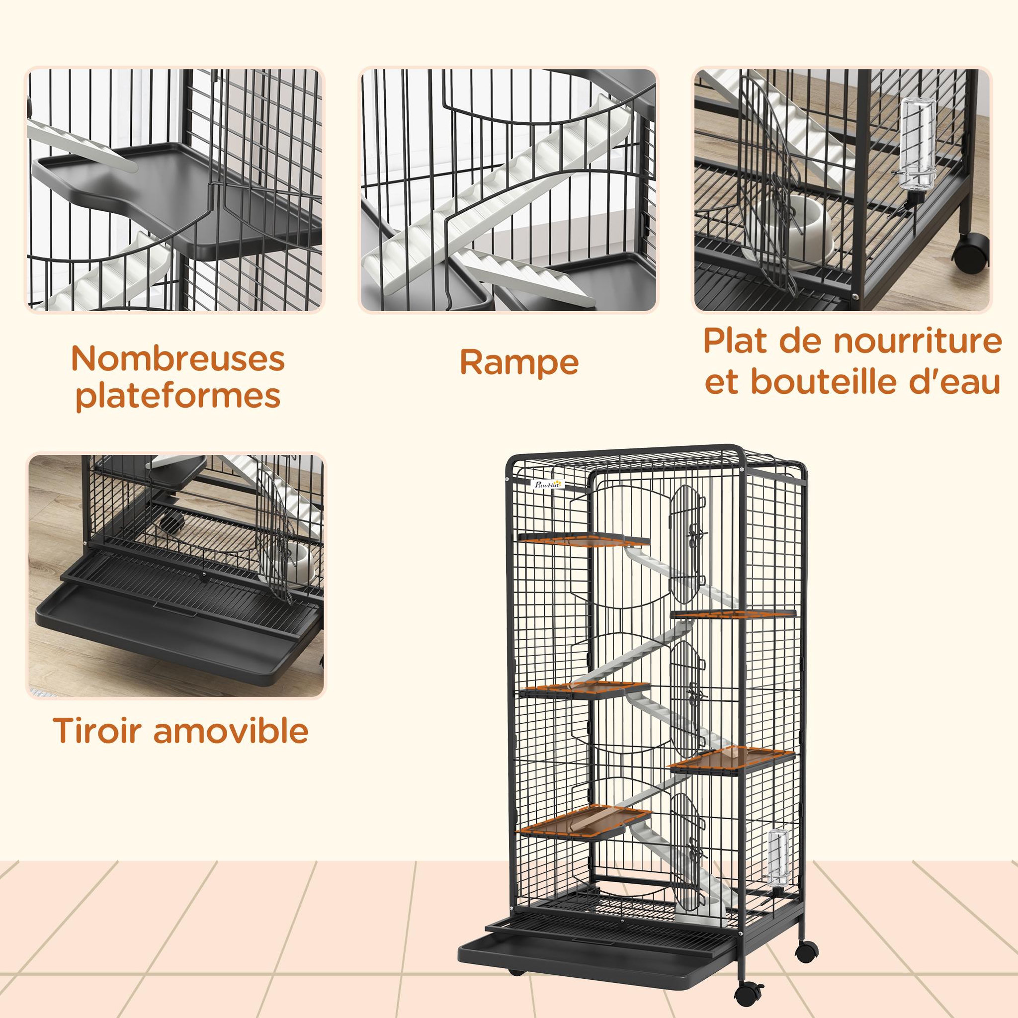 Voir la diapositive 6 : PAWHUT Cage pour petits animaux roulante 5 rampes 5 plateformes gamelle distributeur eau plateau amovible métal PP noir