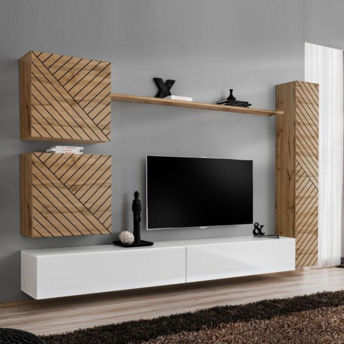 Paris Prix Ensemble Meuble TV  Switch Lamel VIII  280cm Blanc & Naturel