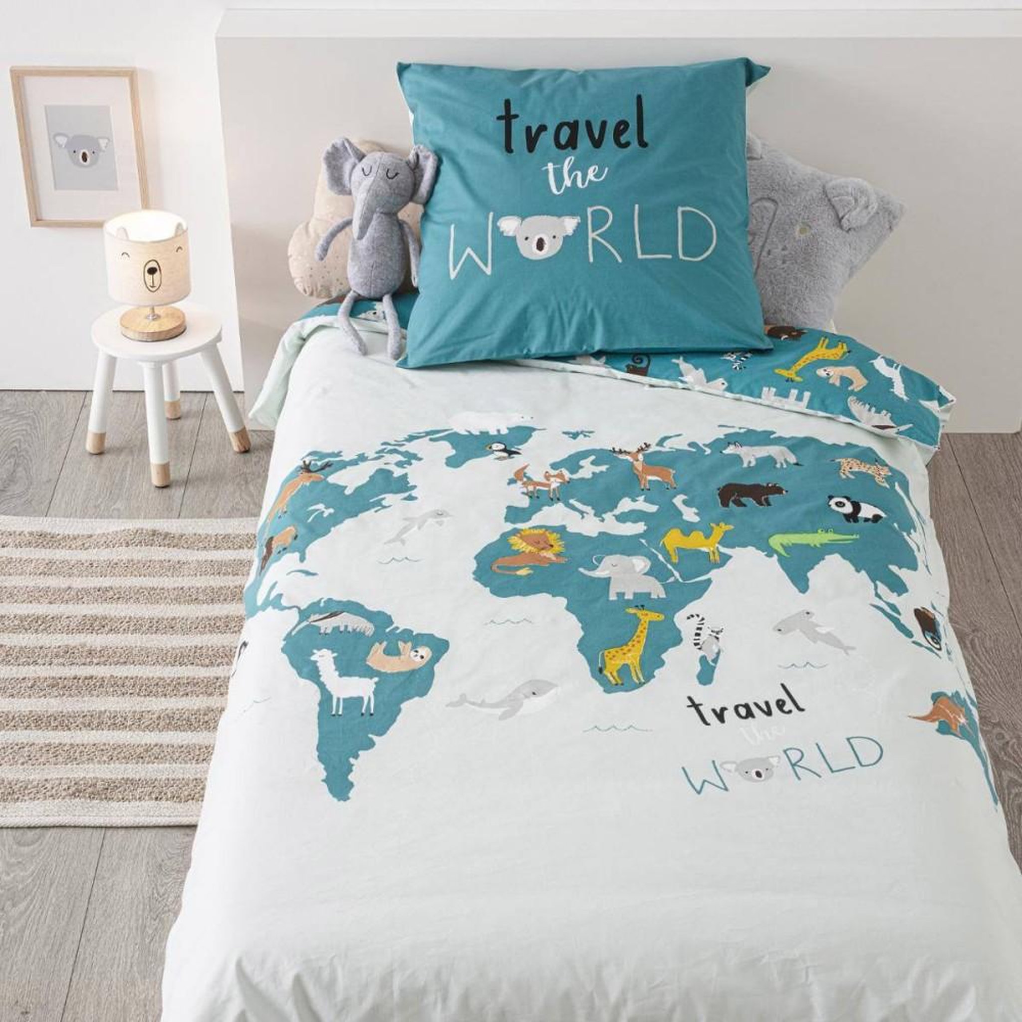 ATMOSPHERA Housse de couette enfant 140x200 Carte du monde + taie 100% coton 57 fils