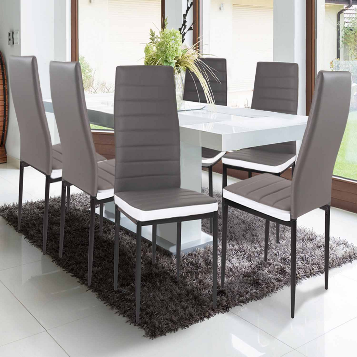 ID MARKET Lot de 6 chaises ROMANE grises bandeau blanc pour salle à manger