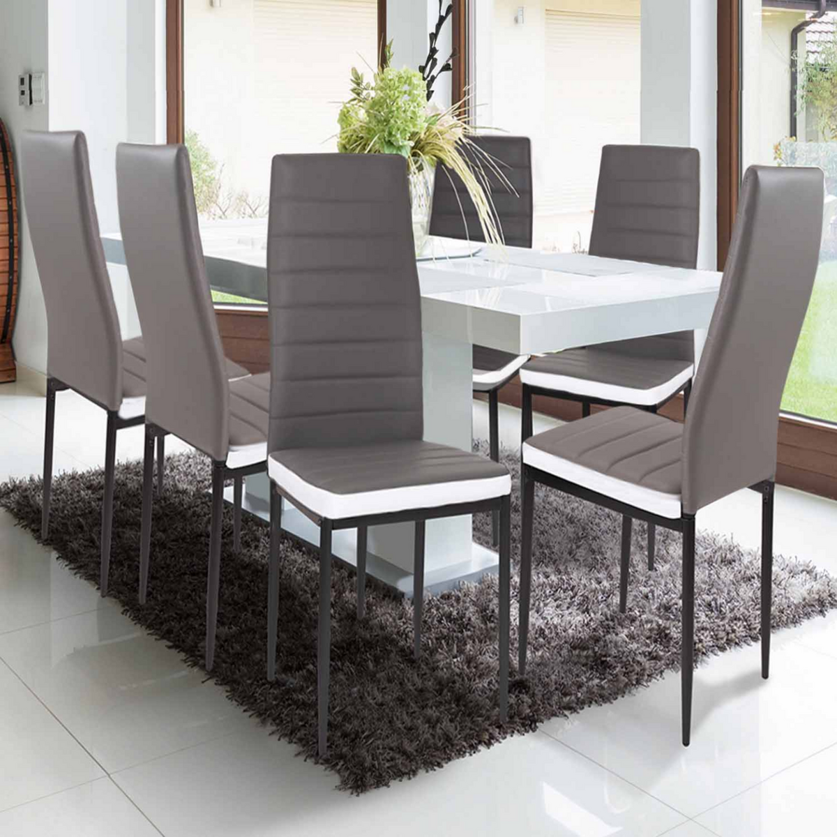 ID MARKET Lot de 6 chaises ROMANE grises bandeau blanc pour salle à manger