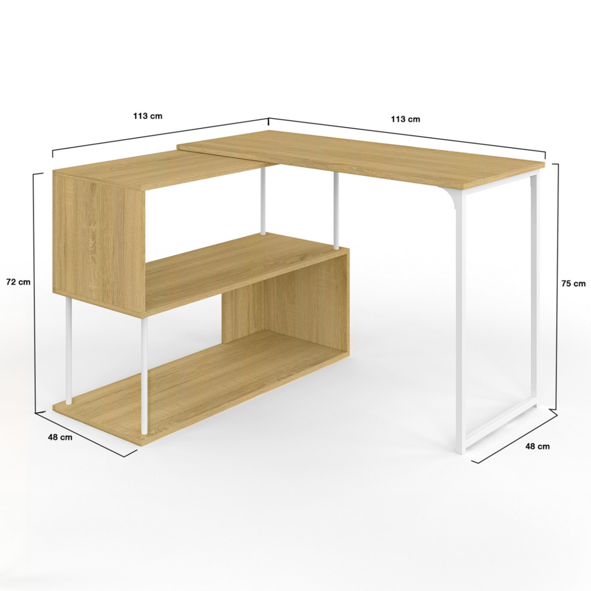 ID MARKET Bureau d'angle rotatif 180° DETROIT étagère forme S design industriel bois et métal blanc