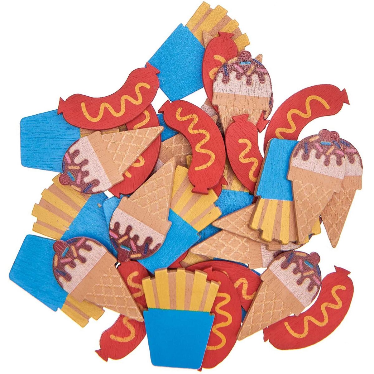 RICO DESIGN 36 Confettis en bois - hot-dog, frites, glace - multicolore