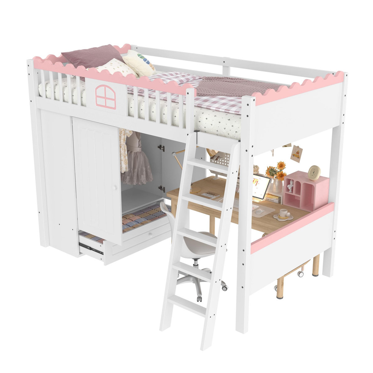 MERAX Lit combiné enfant 90x200cm pin coloris blanc et rose