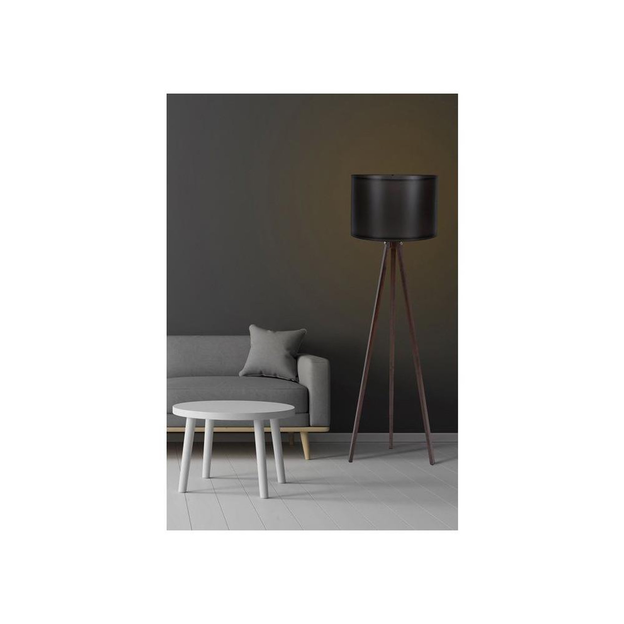 Voir la diapositive 3 : Lampadaire style nordique 145 cm, cadre MDF noir et pieds chêne-noir, abat-jour cylindre en polypropylène