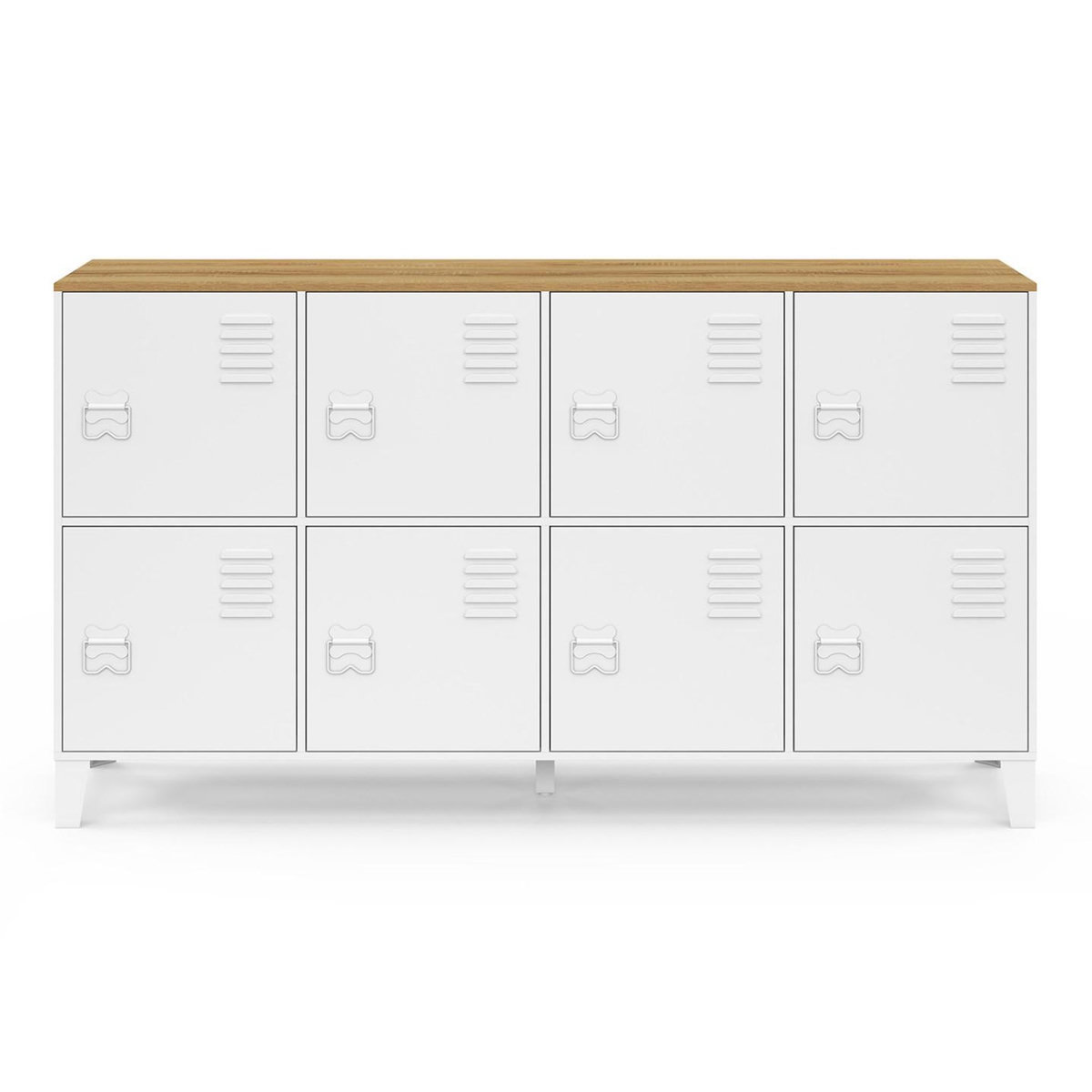 ID MARKET Buffet casier 139 cm ESTER 8 portes en métal blanc plateau bois design industriel