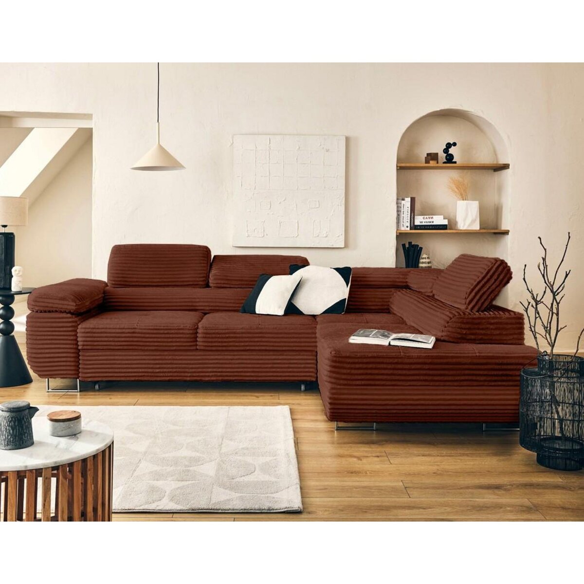 LISA DESIGN Zaria - canapé d'angle droit 5 places convertible avec coffre et têtières en velours côtelé grosses côtes