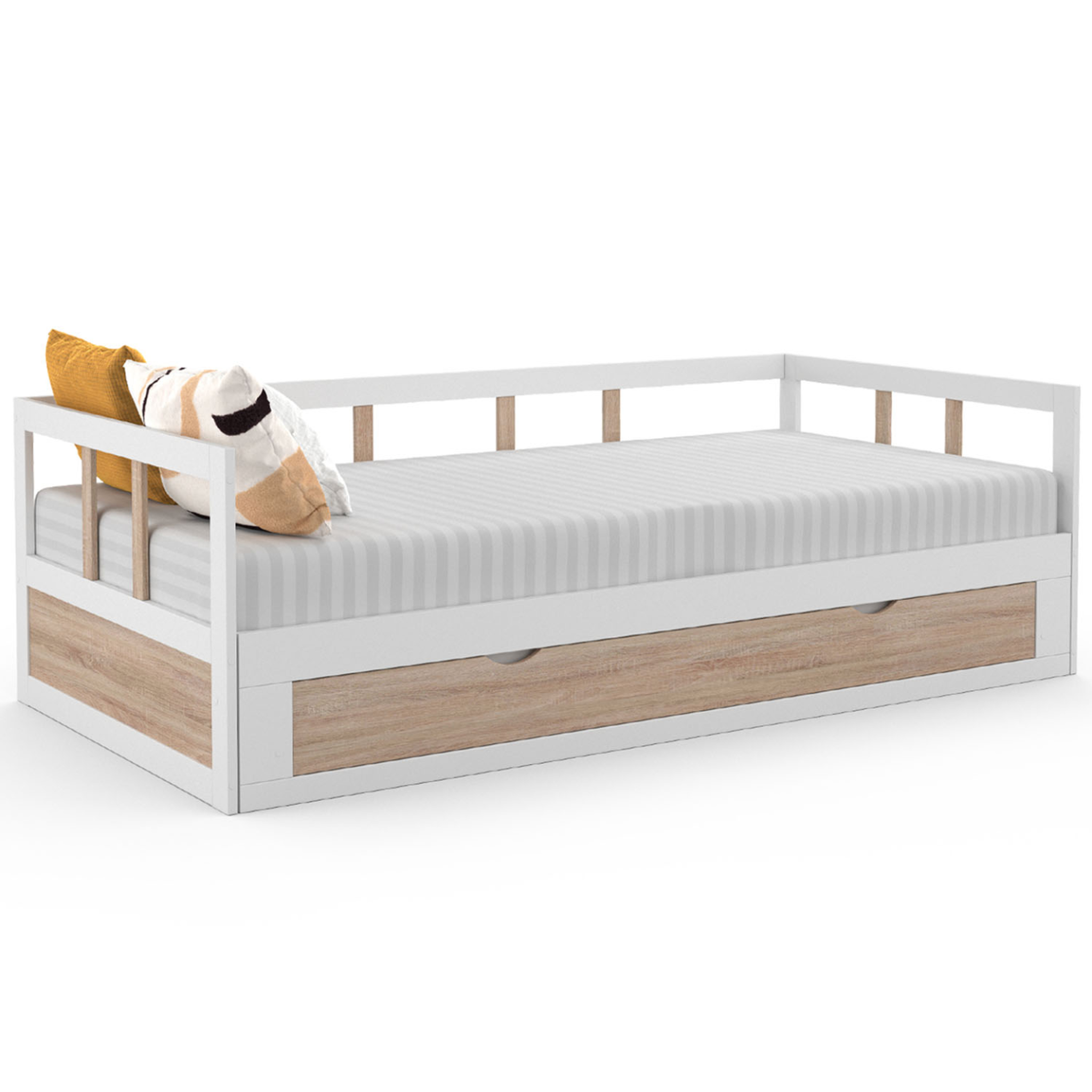 ID MARKET Lit banquette 90 x 190 cm zoya convertible 180 x 190 cm blanc et hêtre avec 1 tiroir de rangement