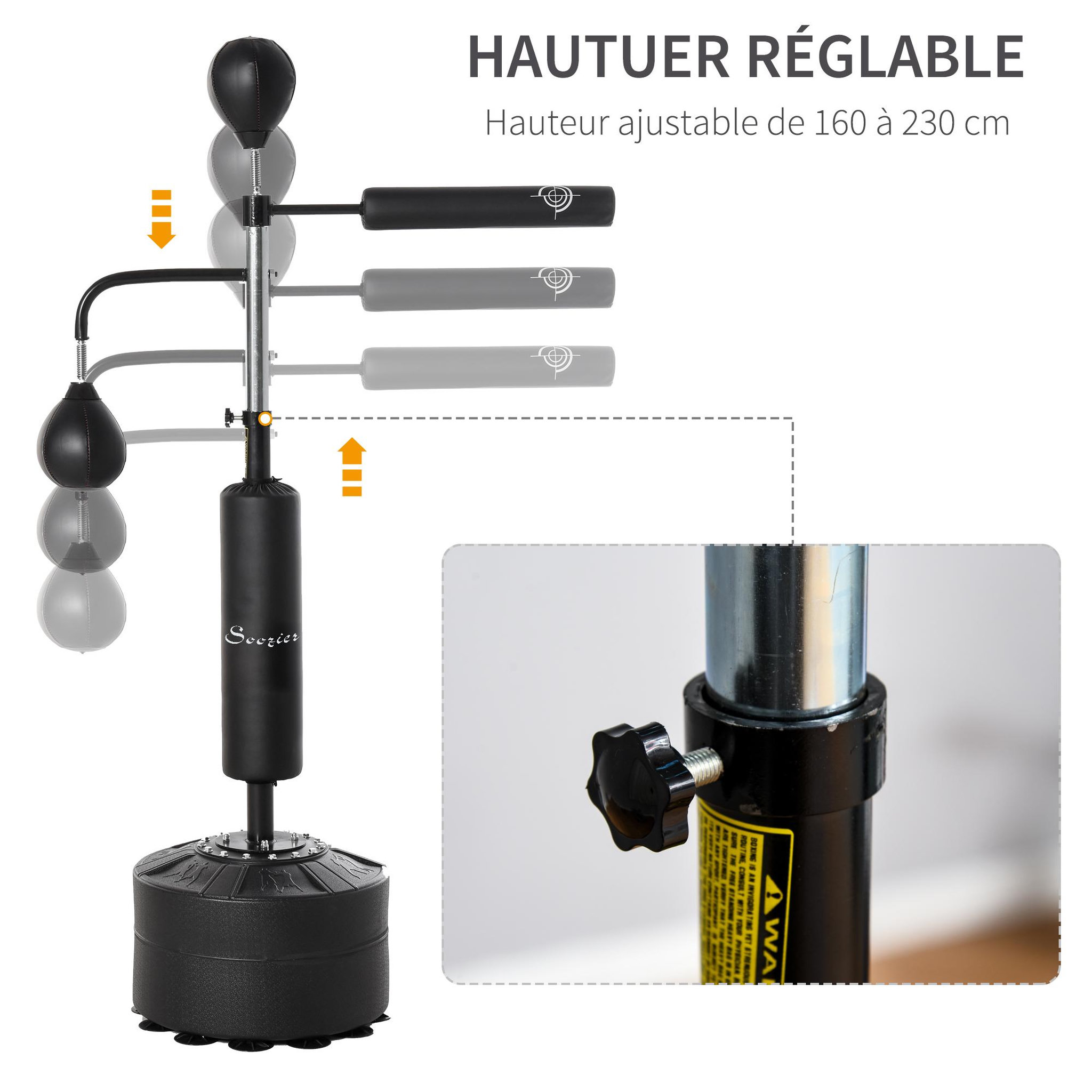 Voir la diapositive 5 : HOMCOM Sac de frappe boxe autoportant punching ball brunier 3 en 1 revêtement synthétique dim. 88l x 50l x 160-230h cm noir