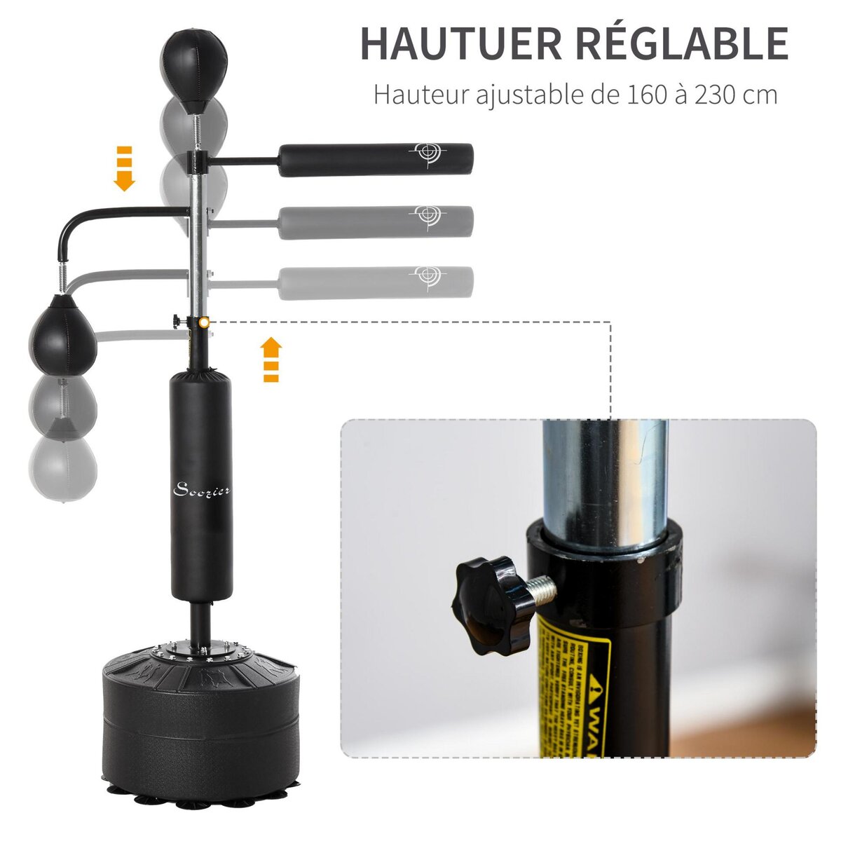 HOMCOM Sac de frappe boxe autoportant punching ball brunier 3 en 1 revêtement synthétique dim. 88L x 50l x 160-230H cm noir