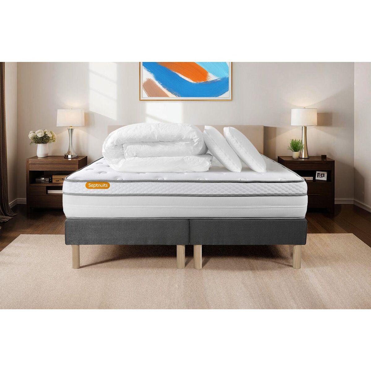 SEPTNUITS Pack matelas + double sommiers gris  Memo Luxe Ressorts ensachés + mémoire de forme 5 zones de confort