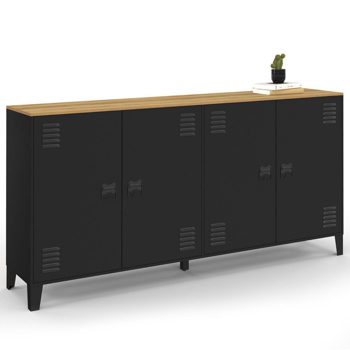 ID MARKET Buffet 160cm ESTER 4 portes en métal noir plateau bois design industriel