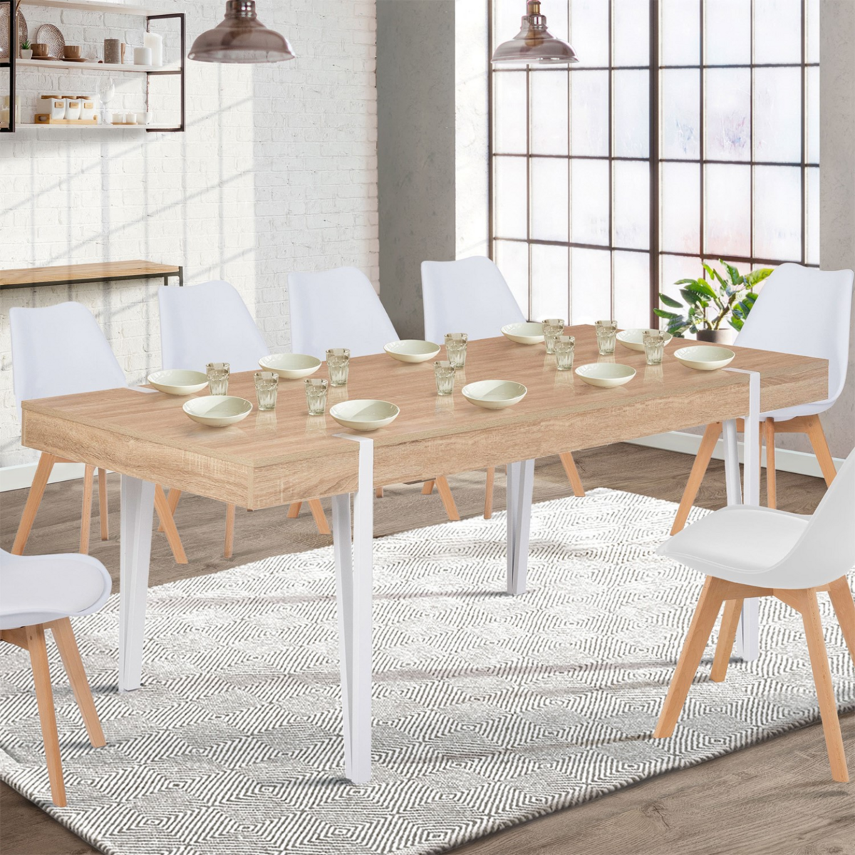 ID MARKET Table à manger rectangle AUSTRIA 10 personnes bois pieds épingle blanc 200 cm