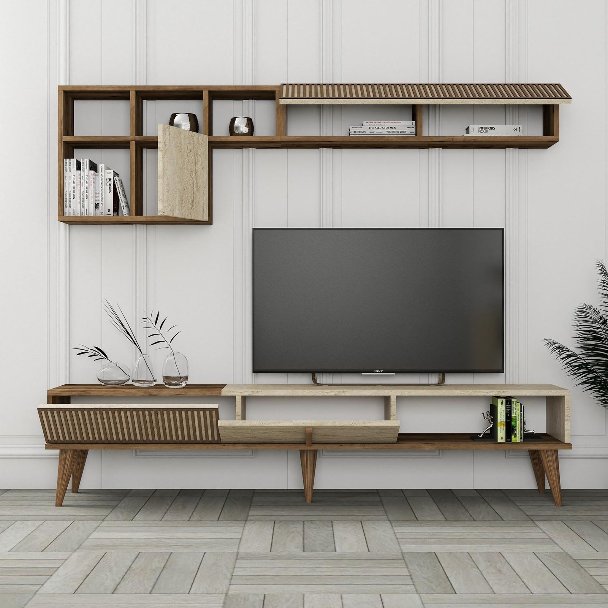 Voir la diapositive 3 : Habitat et Jardin Meuble tv en bois  milan  - 180 x 35 x 40 cm - noyer, travertin