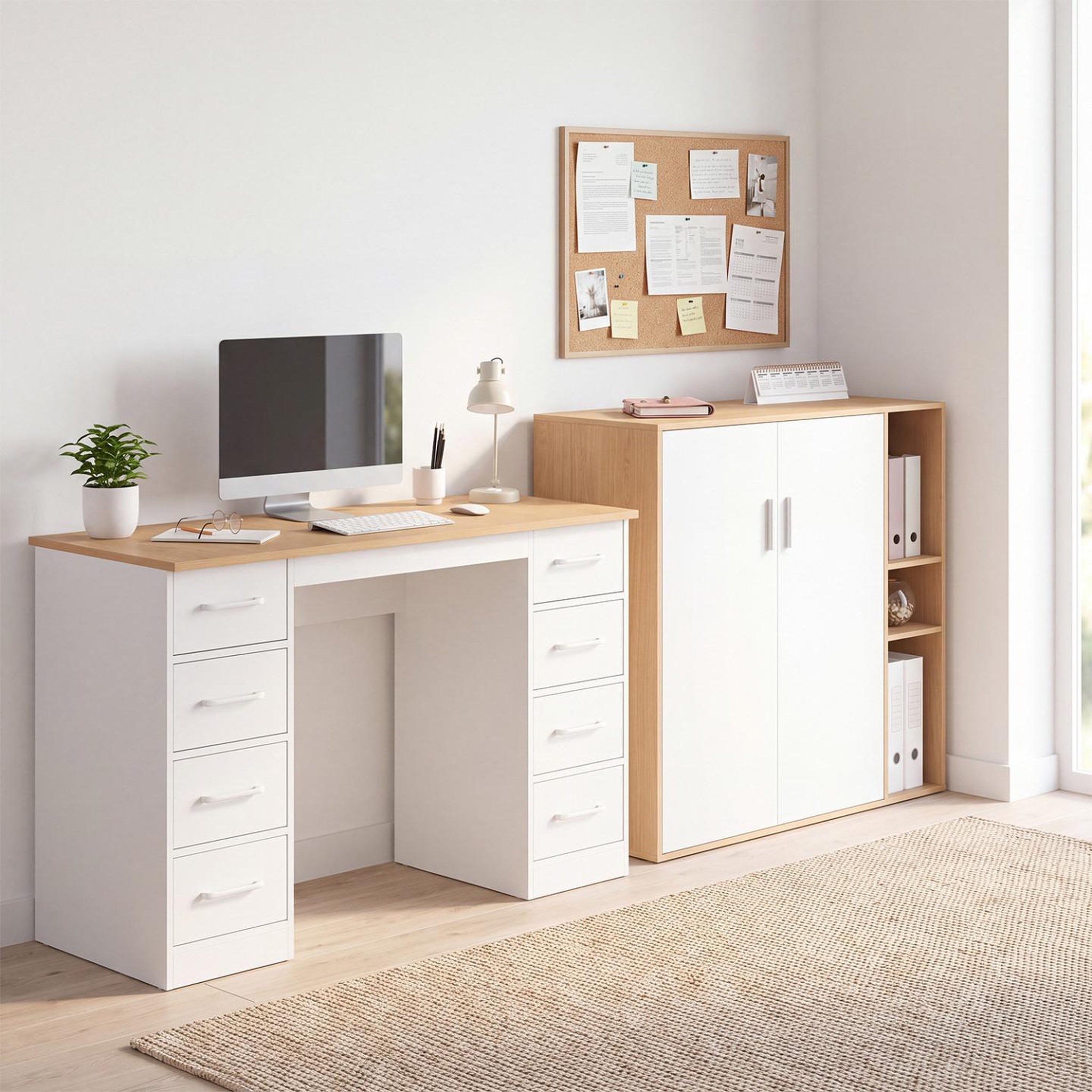 Voir la diapositive 6 : ID MARKET Armoire basse de bureau MARIA 2 portes et étagères bois et blanc