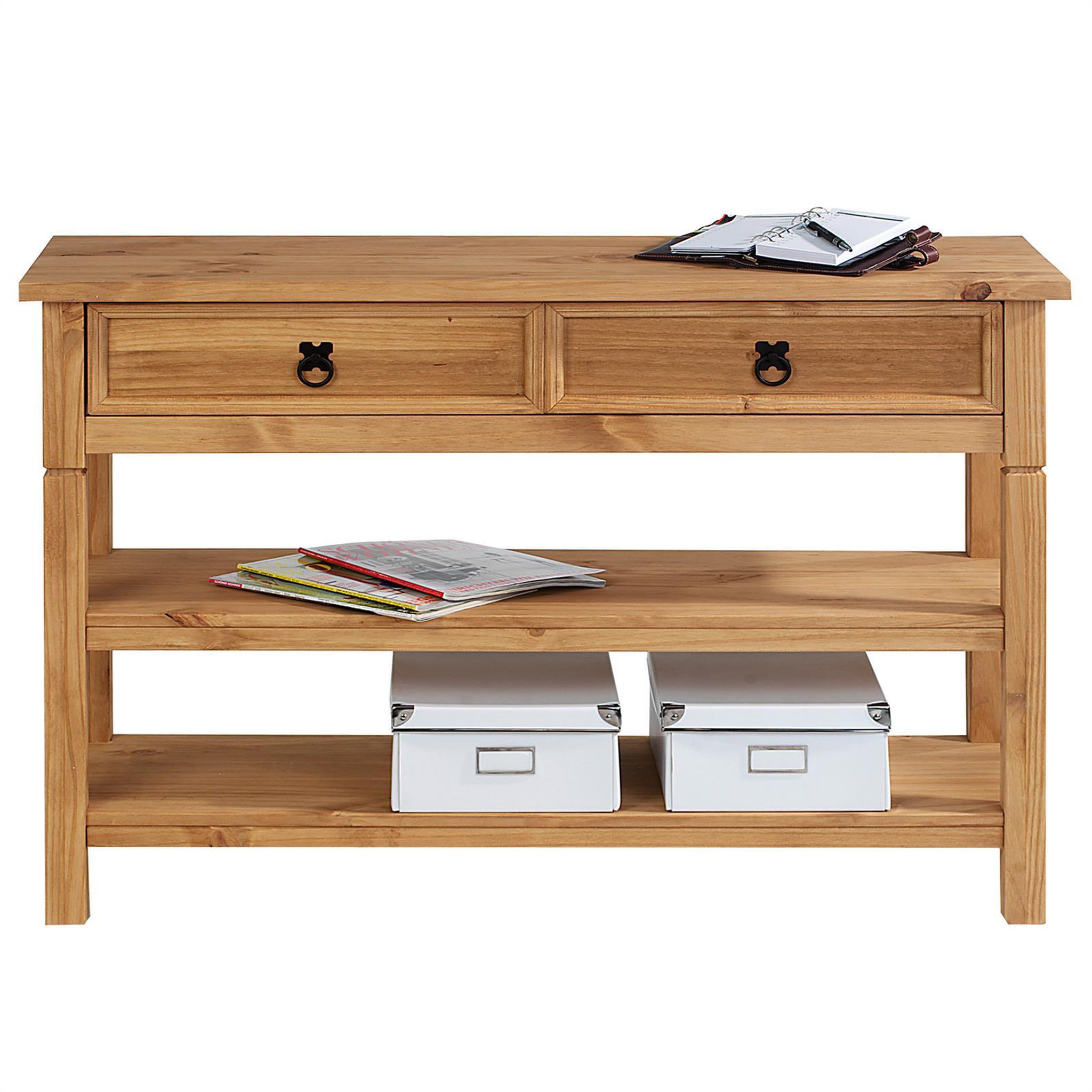 Voir la diapositive 3 : IDIMEX Table console en pin tequila style mexicain, 1 tiroir et 2 étagères
