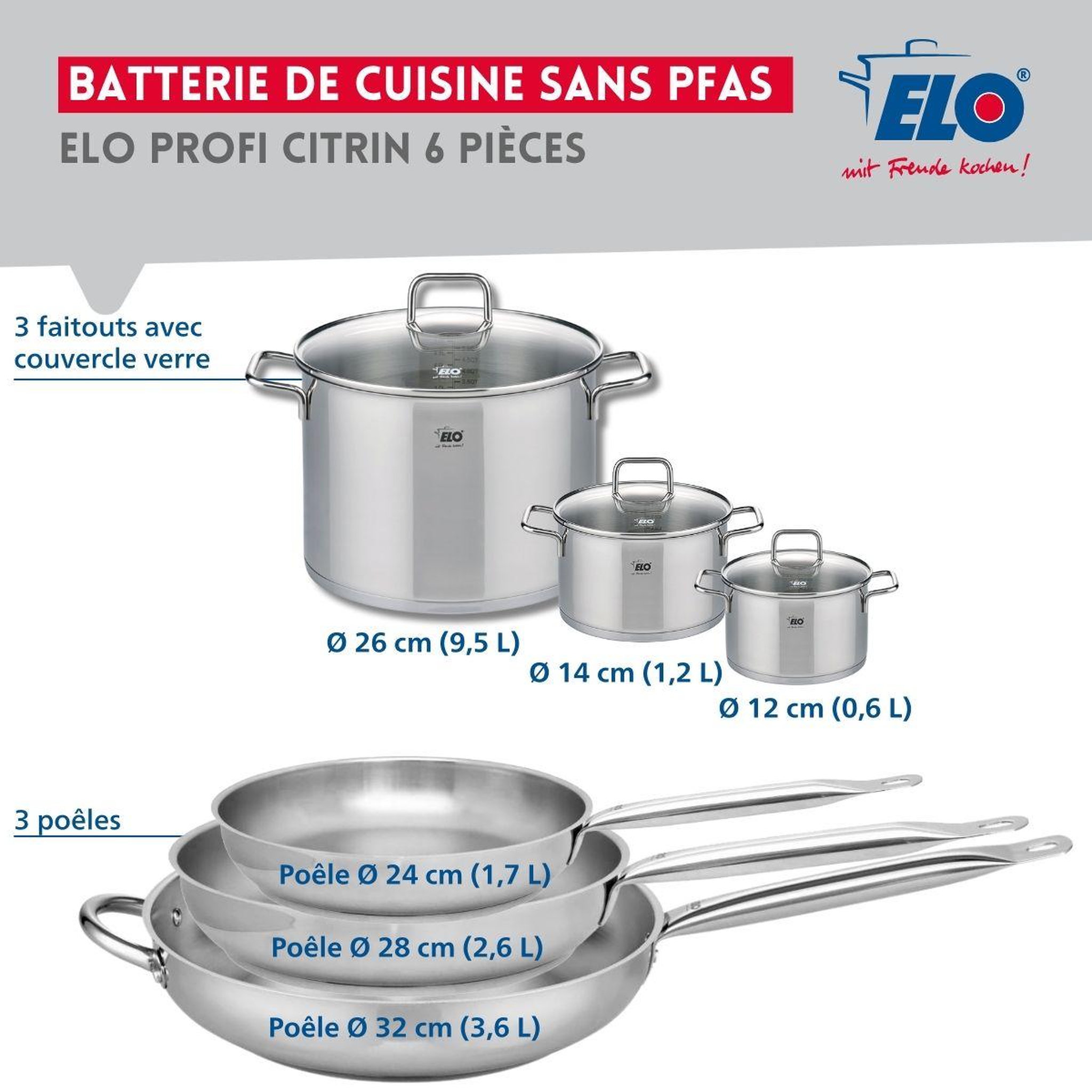 Voir la diapositive 2 : ELO Ensemble de 3 Poêles de cuisson 24, 28 et 32 cm et 3 faitouts 12, 14 et 26 cm Elo Profi Citrin
