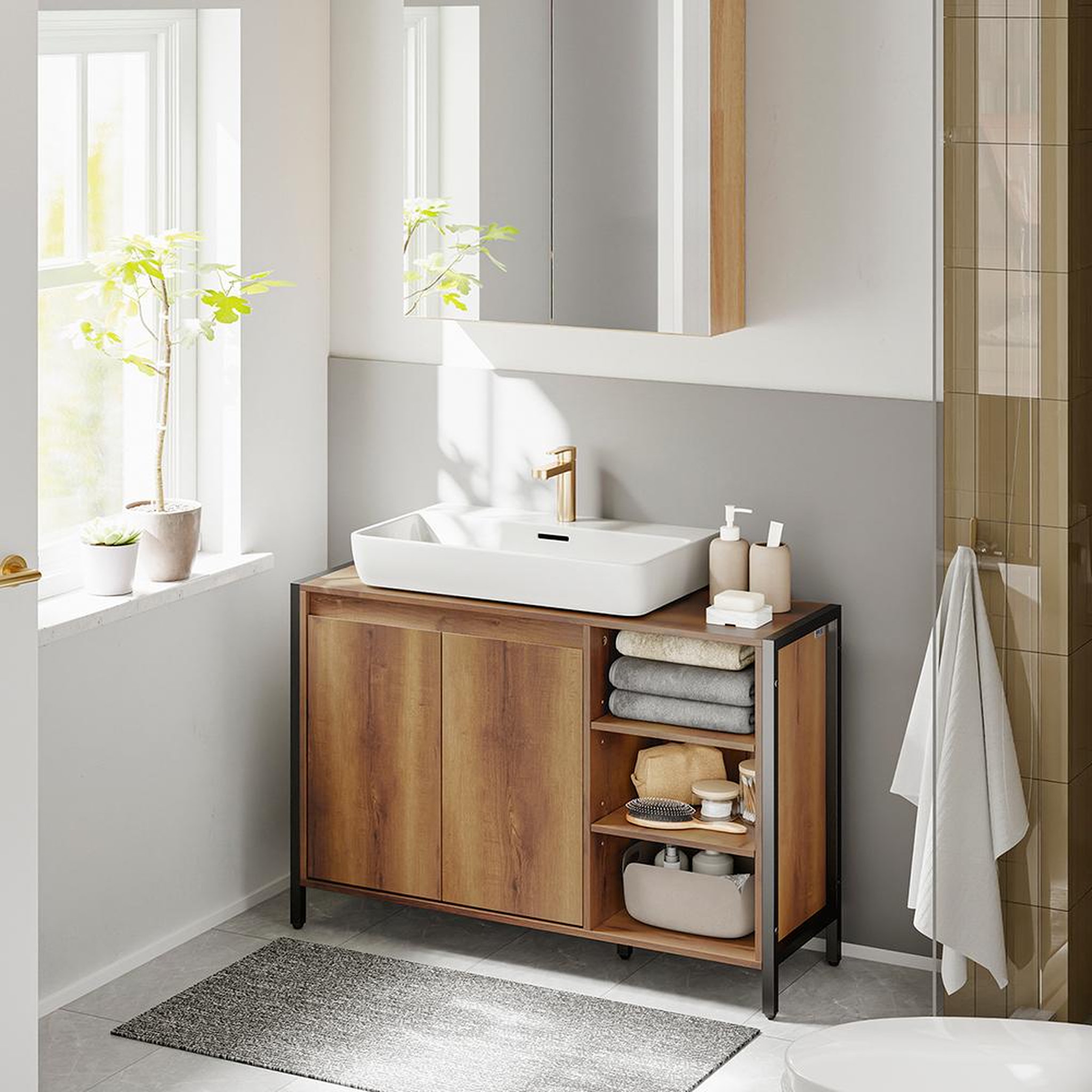 Voir la diapositive 2 : SOBUY Meuble sous-lavabo avec étagères ouvertes Marron clair 90x30x60cm BZR63-L-PF