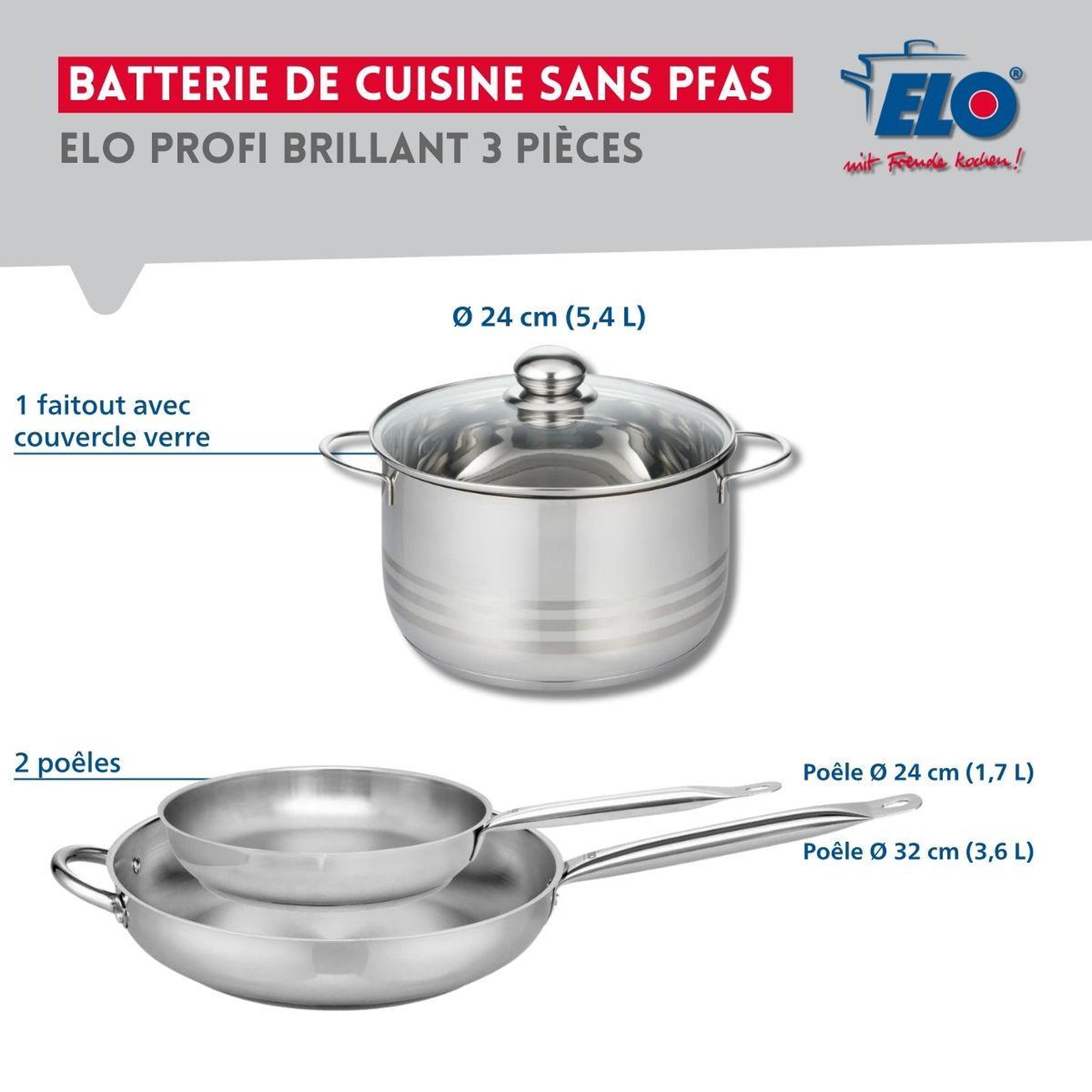 Voir la diapositive 2 : ELO Ensemble de 2 poêles de cuisson 24 et 32 cm et 1 faitout 24 cm elo profi brillant