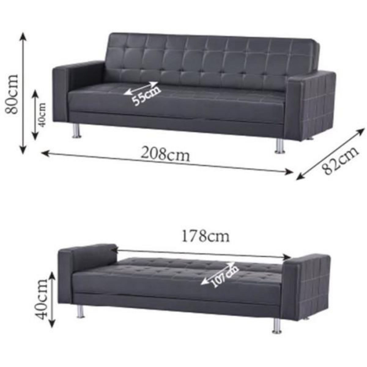 MARKET24 Canapé Droit Clic clac convertible 3 places IVANA - PU Noir - Style contemporain - L 208 x P 86 x H 80 cm