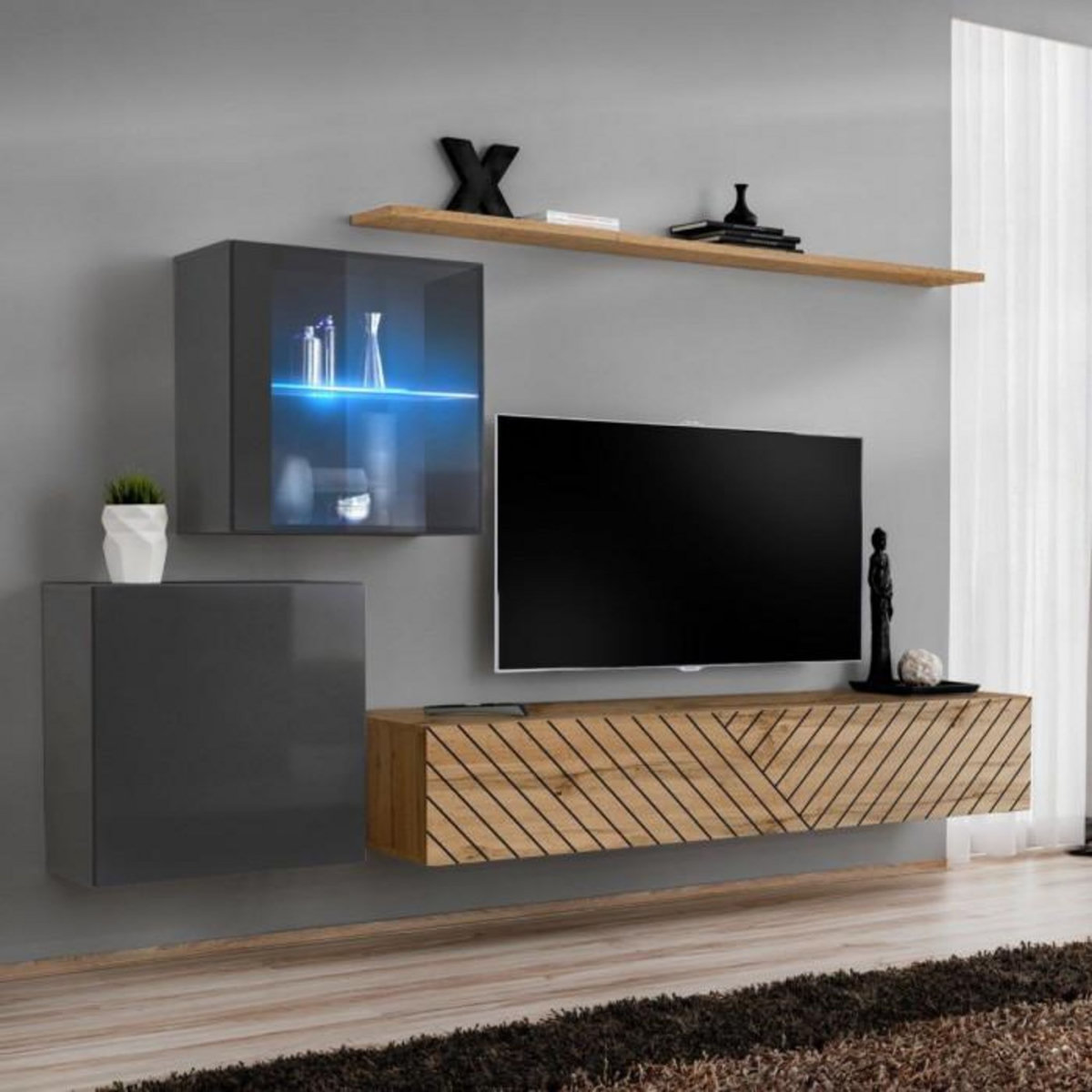 Paris Prix Ensemble Meuble TV  Switch Lamel XV  260cm Naturel & Gris