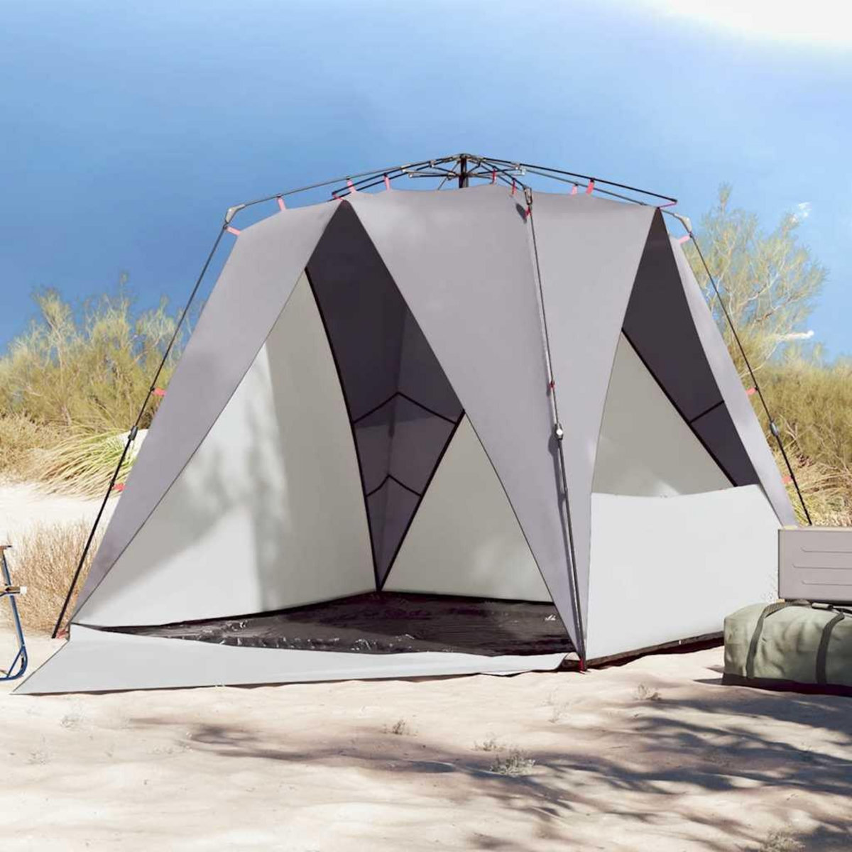 VIDAXL Tente de plage 4 personnes gris liberation rapide impermeable