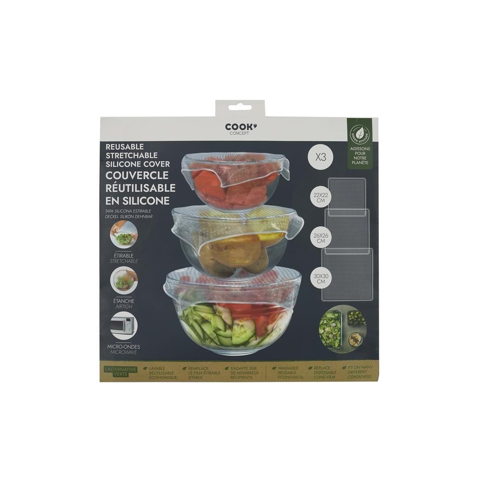 Voir la diapositive 2 : COOK CONCEPT Lot de 3 couvercles  réutilisable  30cm transparent