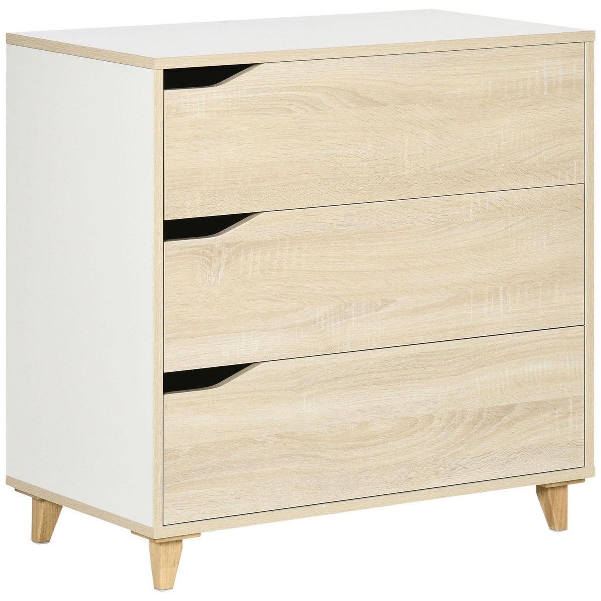 HOMCOM Commode design scandinave 3 tiroirs piètement effilé panneaux MDF blanc aspect bois clair