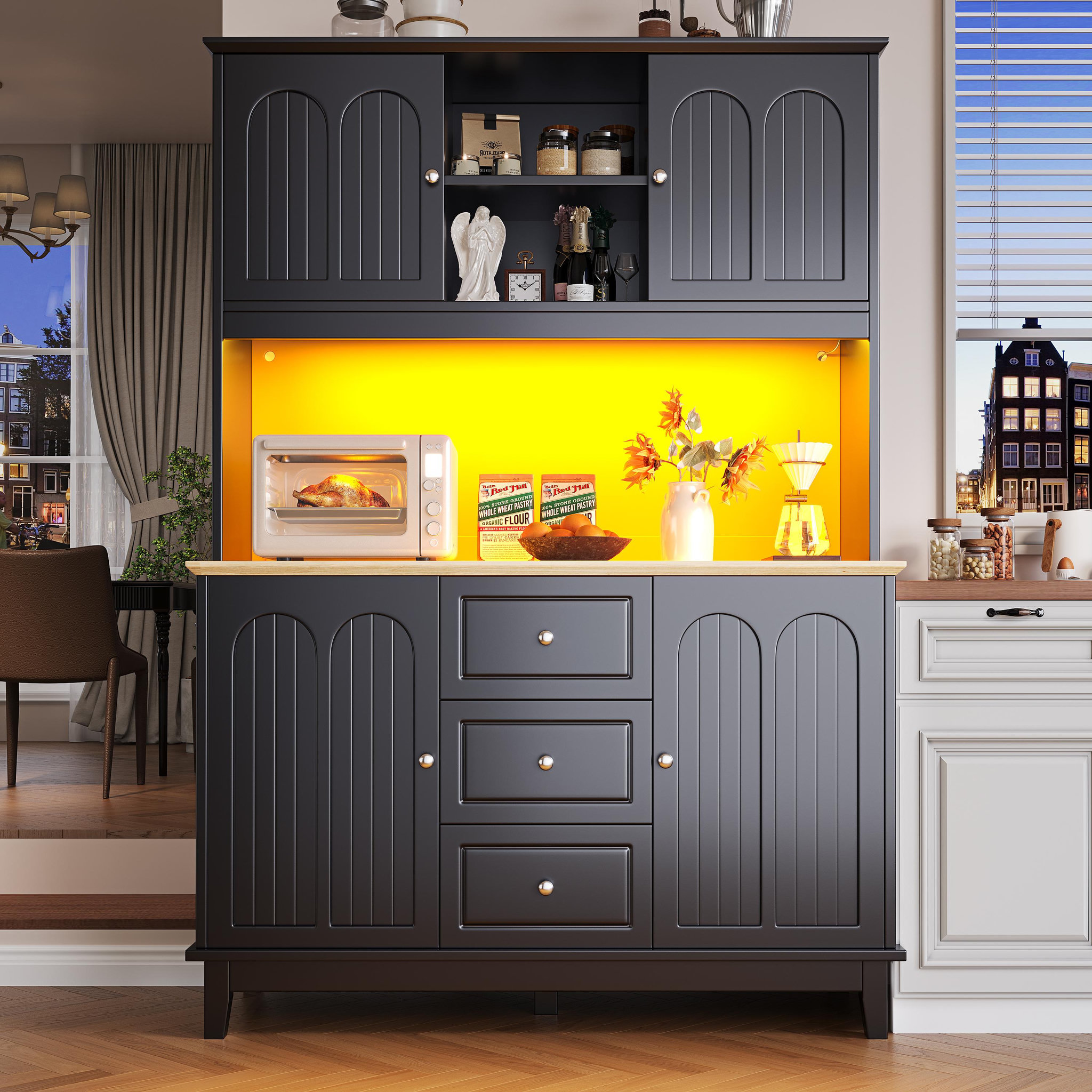 Voir la diapositive 2 : MERAX Buffet de cuisine 4 portes 3 tiroirs - 120 cm noir led mdf