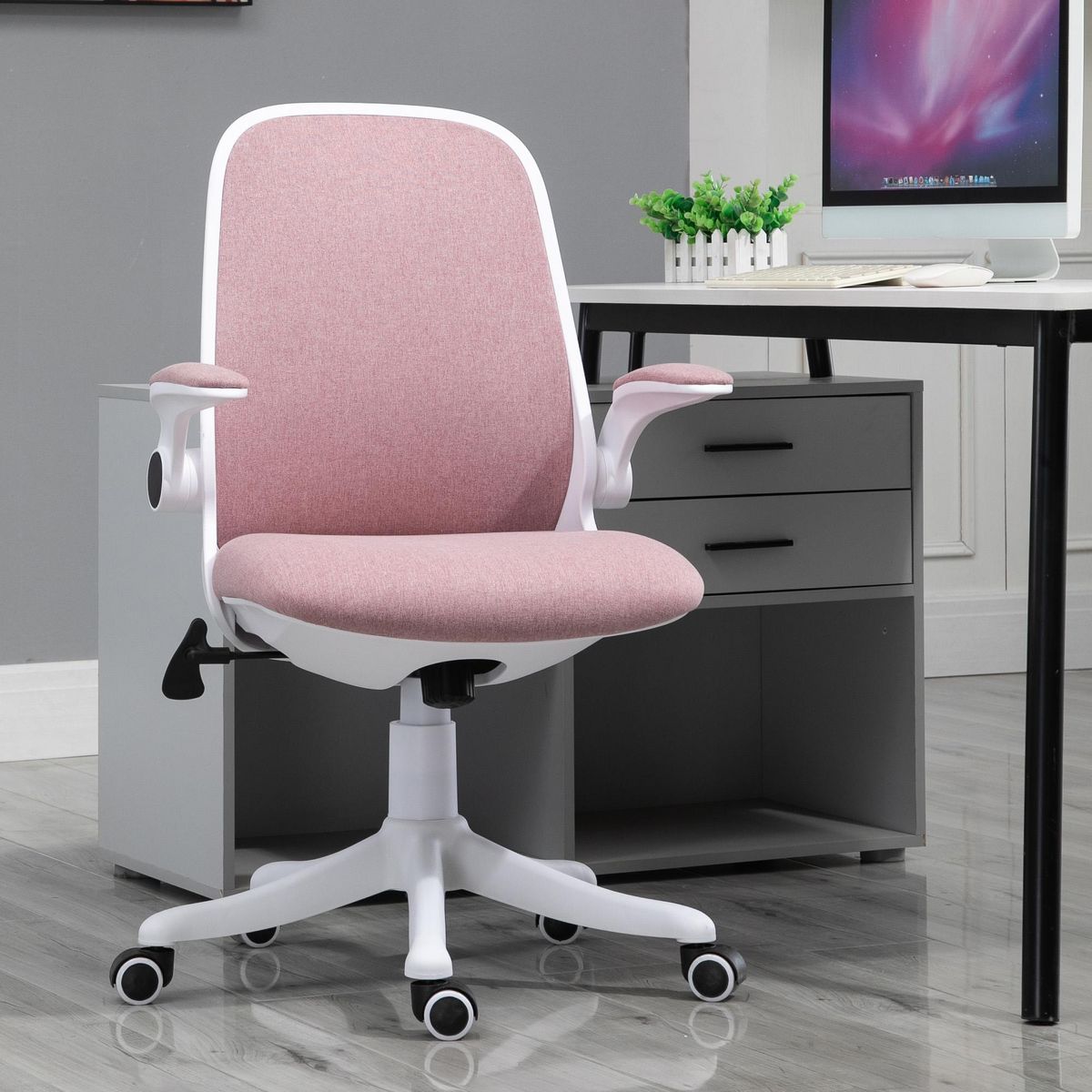VINSETTO Vinsetto Chaise de bureau tissu lin hauteur réglable pivotante 360° accoudoirs relevables support lombaires réglable rose