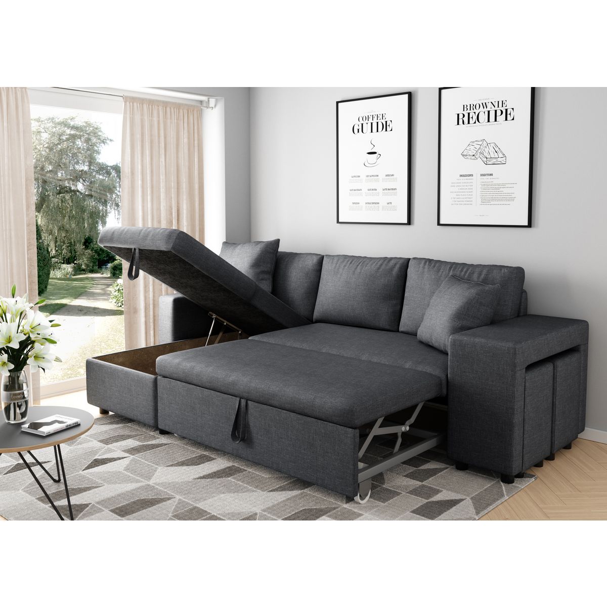  Canapé 3 places d'angle Gauche convertible avec coffre Tissu gris foncé+ 2 poufs inclus ANETTA